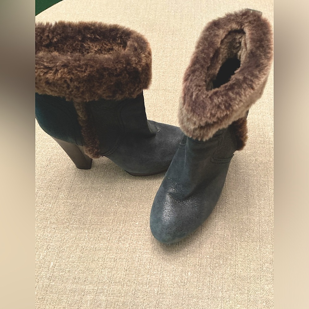 TORY BURCH SHEARLING HIGH HEELED BOOTS leather black 8.5M
